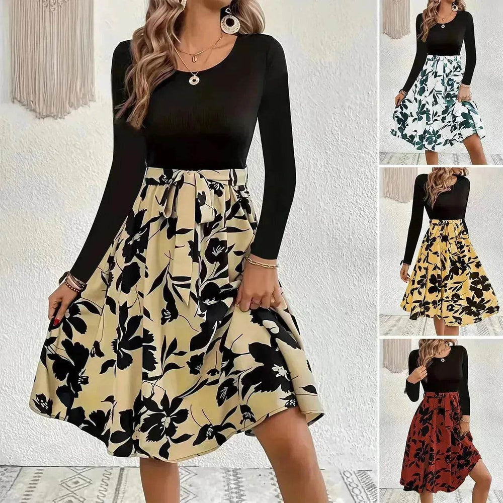Floral Print Long Sleeve Skirt - Round Neck Flared Dress - EX-STOCK Canada