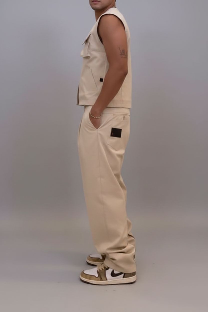 Men's Cargo Vest & Wide-Leg Trousers 2-Piece Set – Beige Casual Outfit (S–2XL)