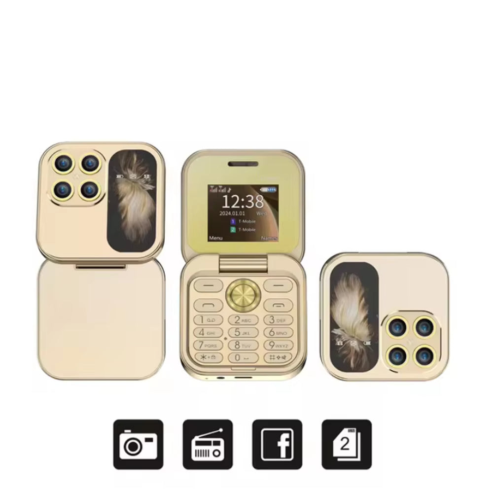 Gold flip phone with feather design on a white background
