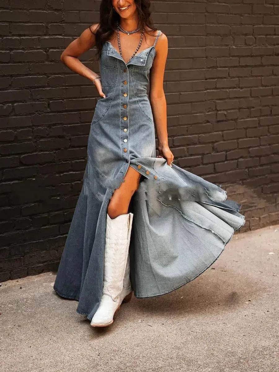 Ins Women's Summer Vintage Denim Large Swing Dress Denim Dress outfit - EX-STOCK Canada