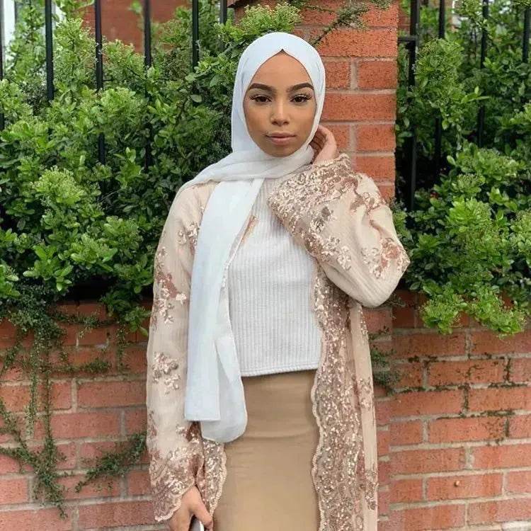 White Chiffon Sequin Embroidery Dubai Abaya Kimono Middle East ArabClothing - EX-STOCK Canada