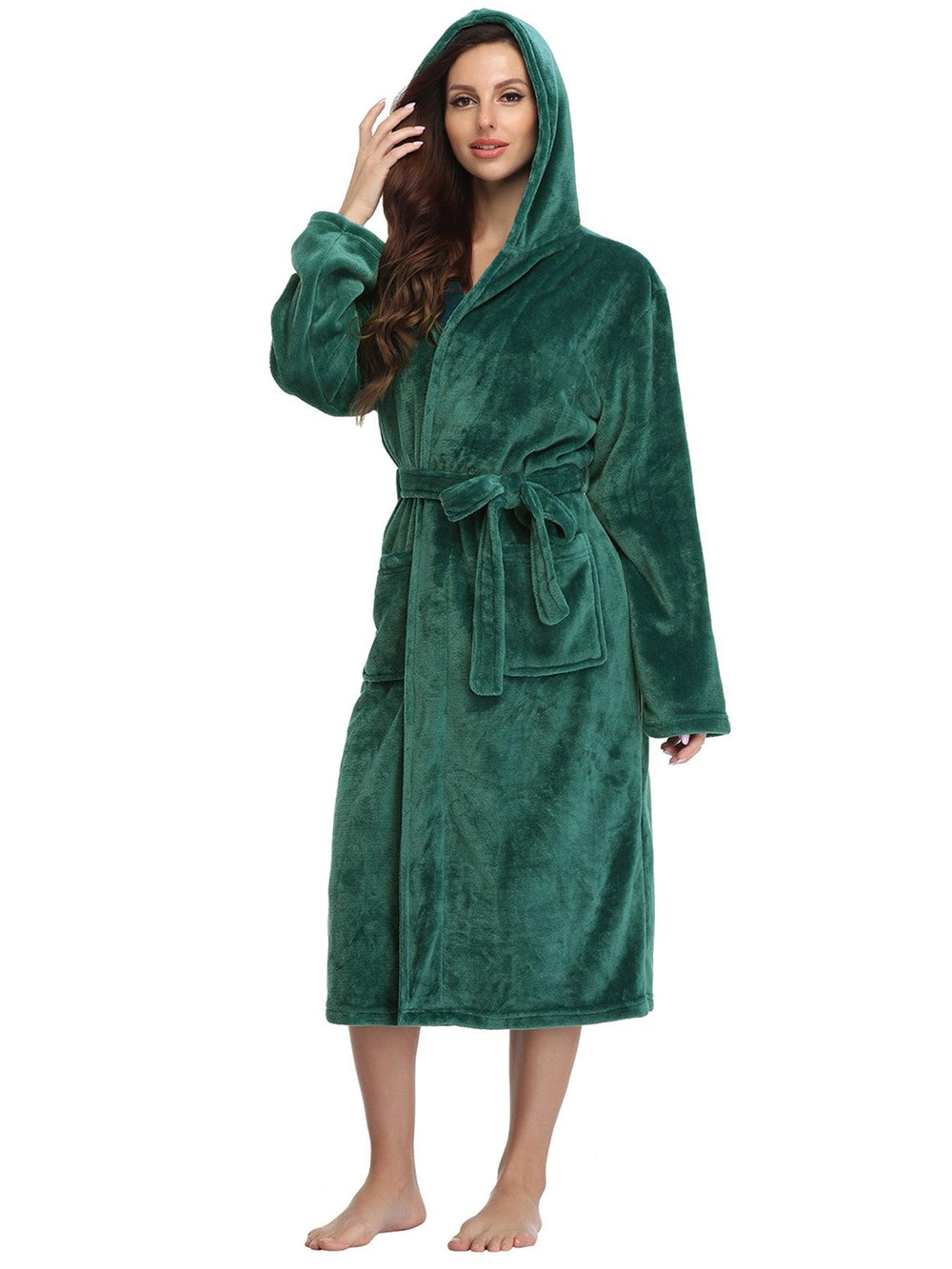 Peignoir long pour femmes RONGTAI en polaire douce, robe de nuit épaisse avec capuche et poches, vêtements de nuit moelleux pour hommesEX-STOCK Canada