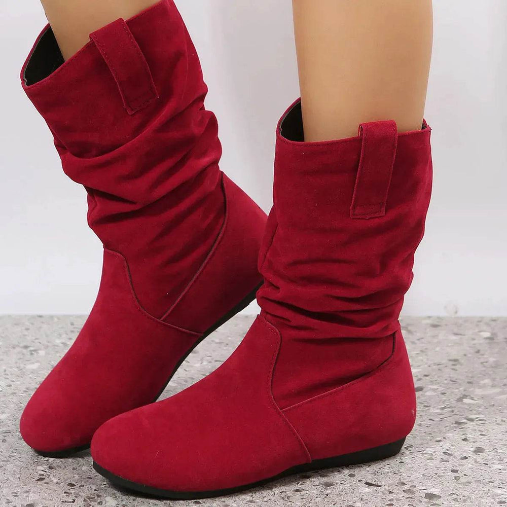 Round Toe Flat Boots Fashion Solid Color Suede Mid-calf Boot Winter Warm Shoes For Women - EX-STOCK Canada