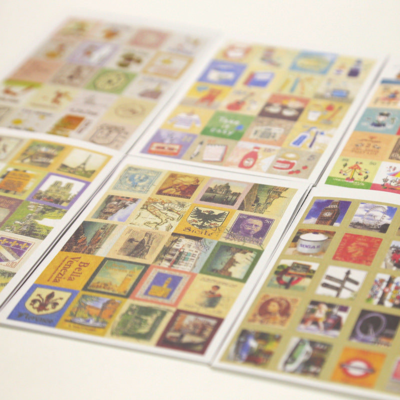 Sheet of colorful vintage-style postcards with various designs.