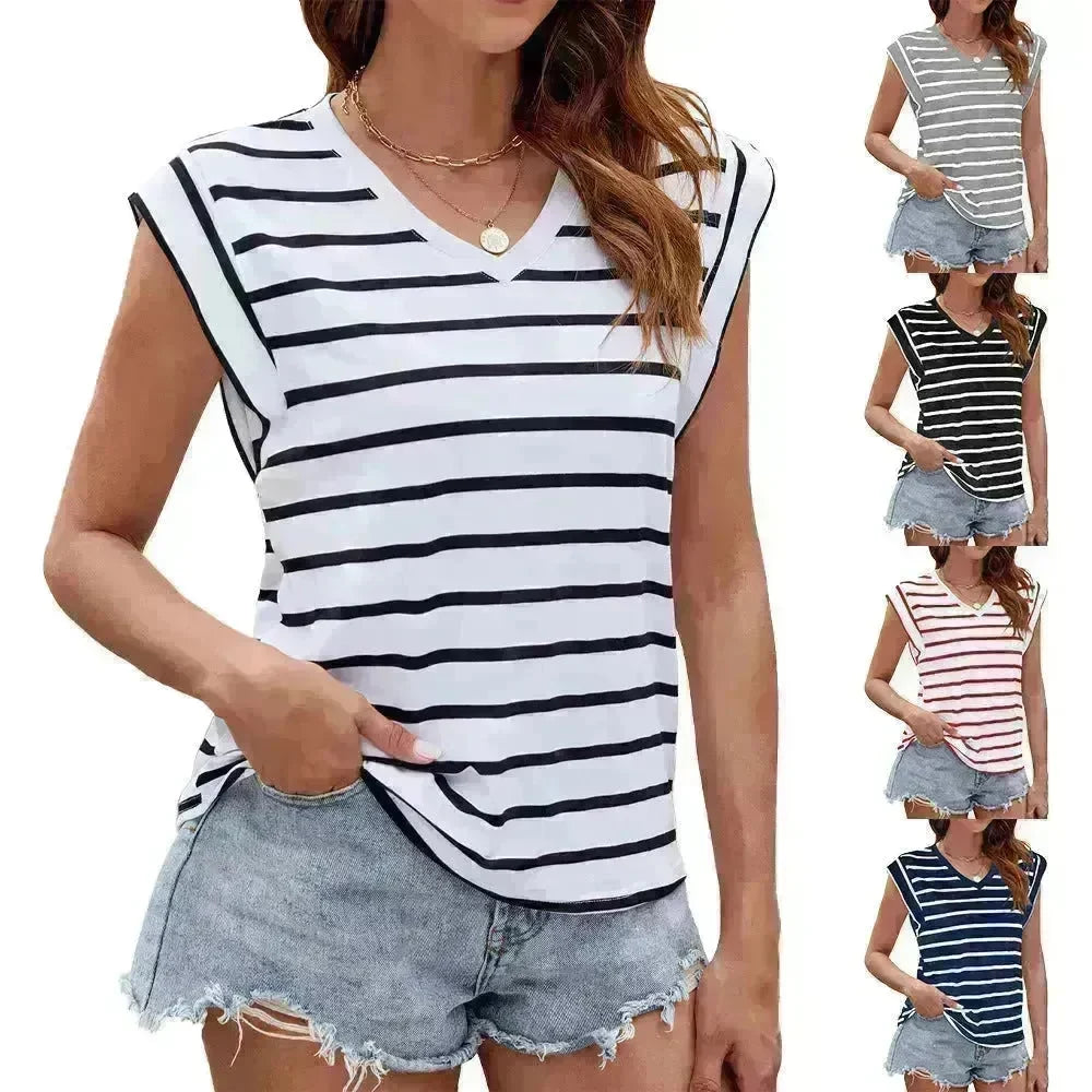 Fashion Stripe Print V-neck Short-sleeved T-Shirt Summer Loose Casual top for Women - EX-STOCK CANADA