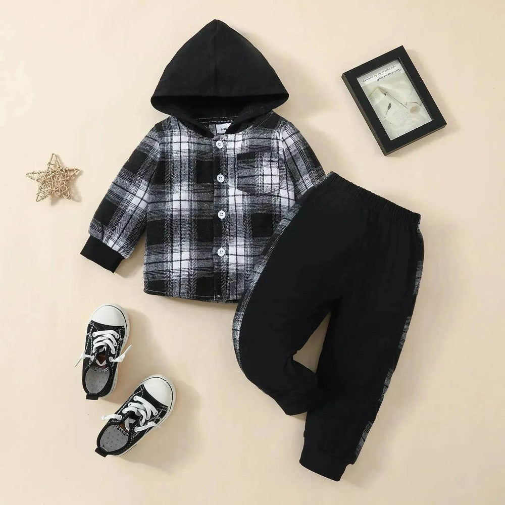 Toddler Baby Boy Classic Plaid Hooded Long Sleeve Shirt Contrast Color Trousers Suit Two piece for boys - EX-STOCK Canada