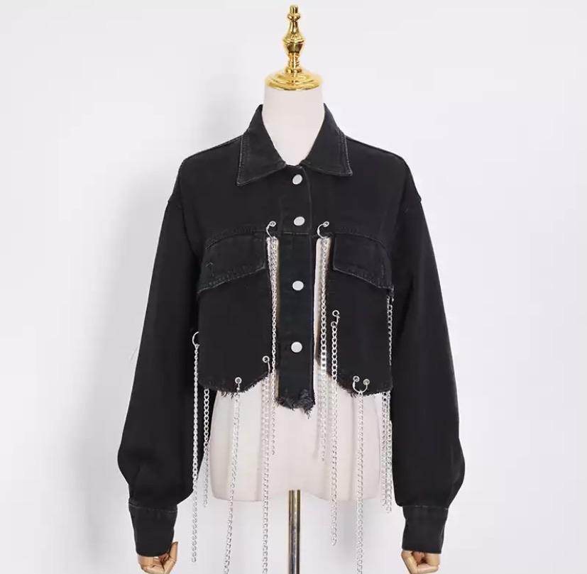 Short Frayed Denim Jacket Women Chain Fashion Style - EX-STOCK Canada