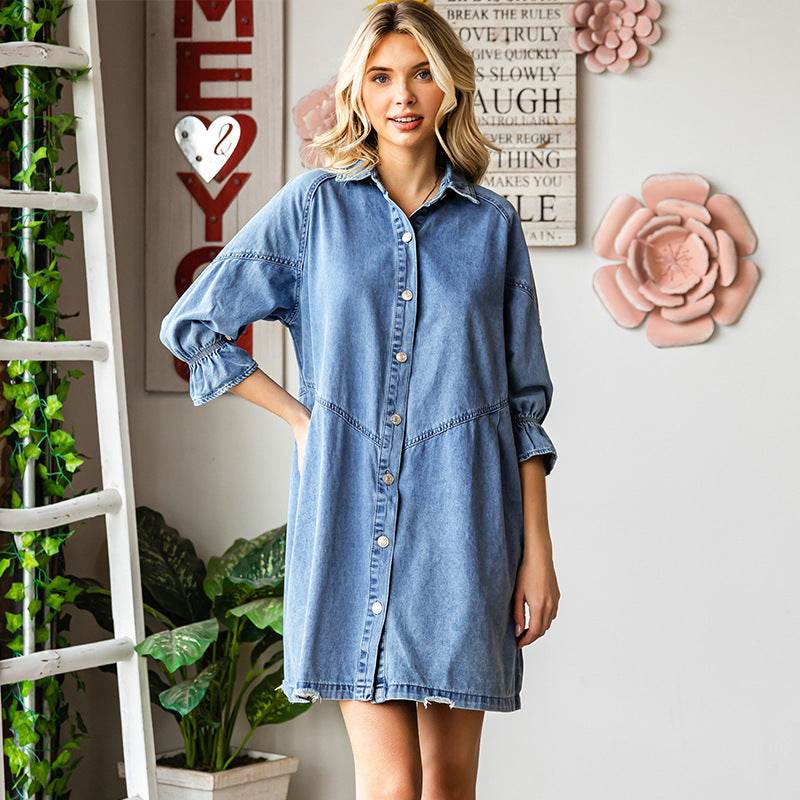 Three-quarter Sleeve Denim Dress Women's Casual Ruffles - EX-STOCK Canada