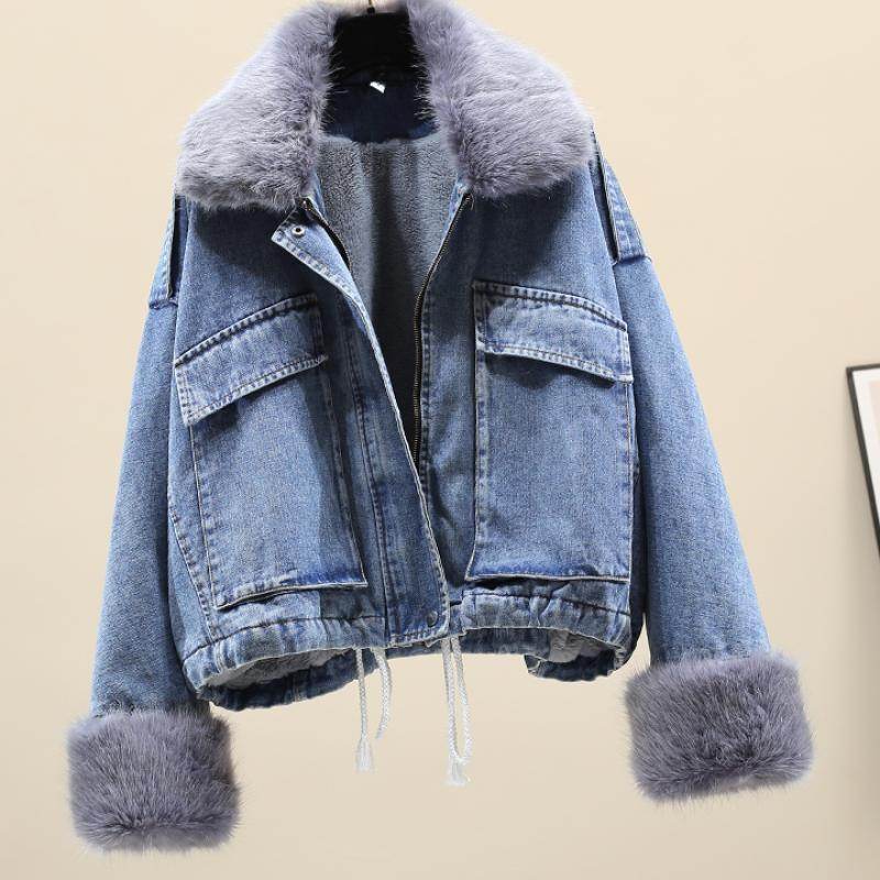 Furry Collar Denim Pie Overcoming Loose Plus Fleece Jacket Women EX-STOCK Canada