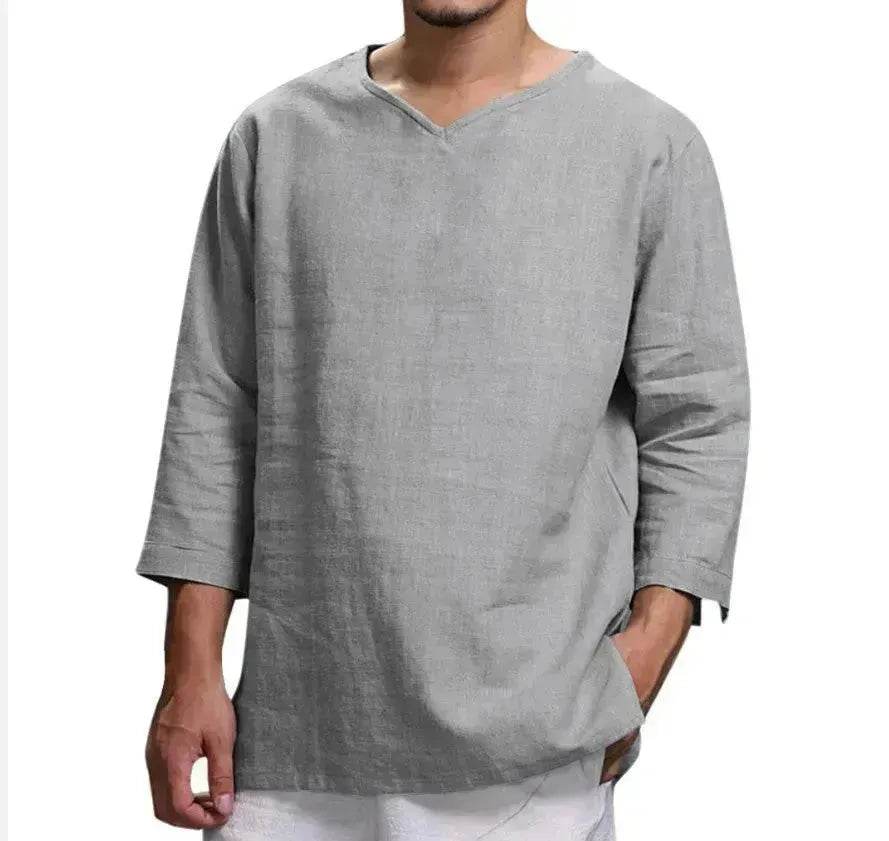 Loose Casual V-neck Top Cotton And Linen Long Sleeve Pullover Shirt Men's Shirt Top - EX-STOCK Canada