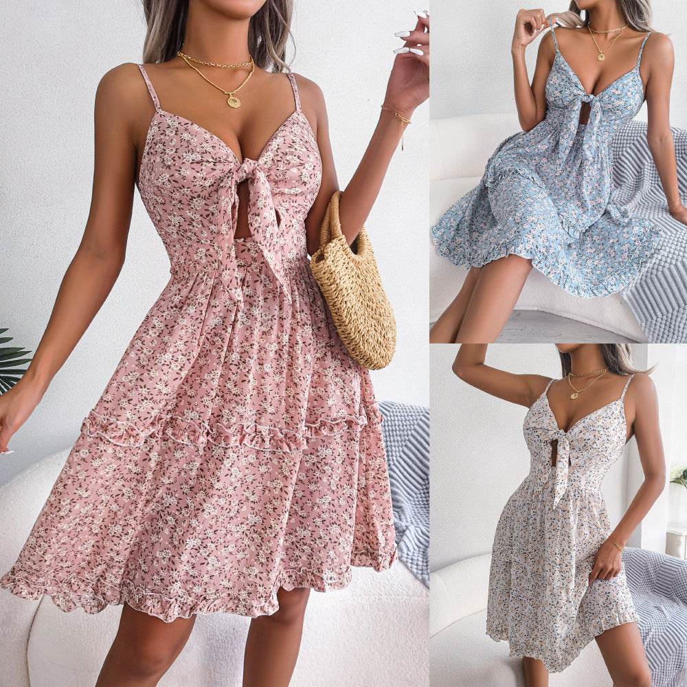 Spring And Summer Floral Bow V-neck Ruffled Large Swing Dress - EX-STOCK Canada