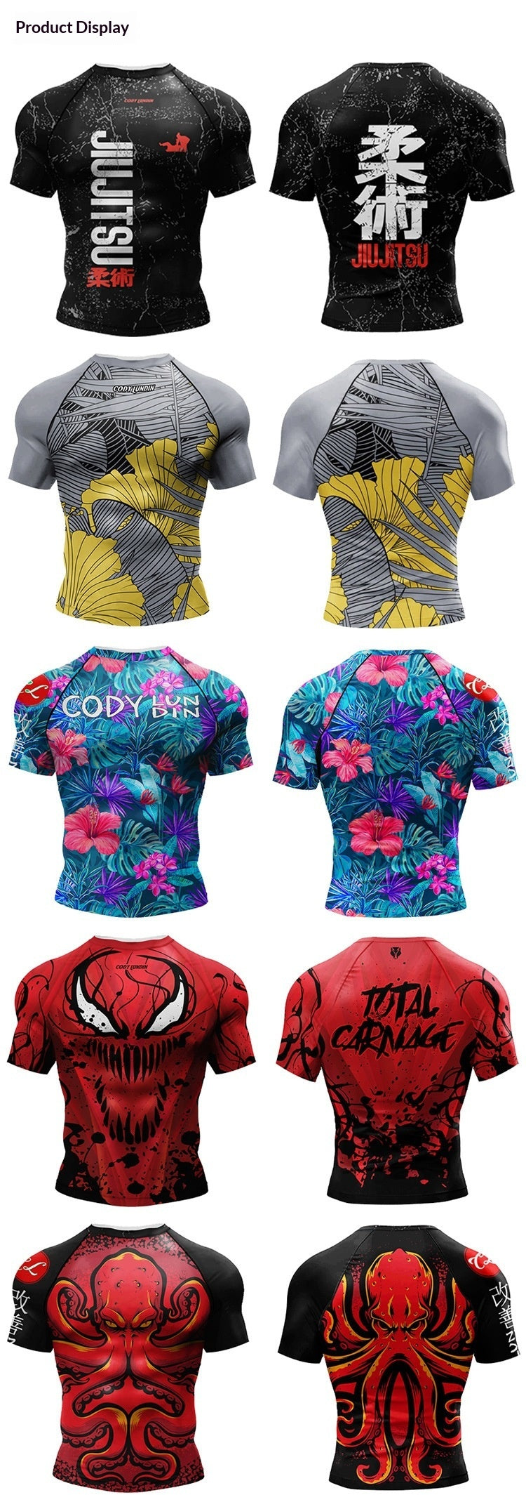 A product display grid showing multiple short-sleeve athletic rash guard shirts, each with front and back views. The designs include black with white/red graphics, gray and yellow tropical prints, blue and pink floral prints, and red and black comic-style monster prints.
