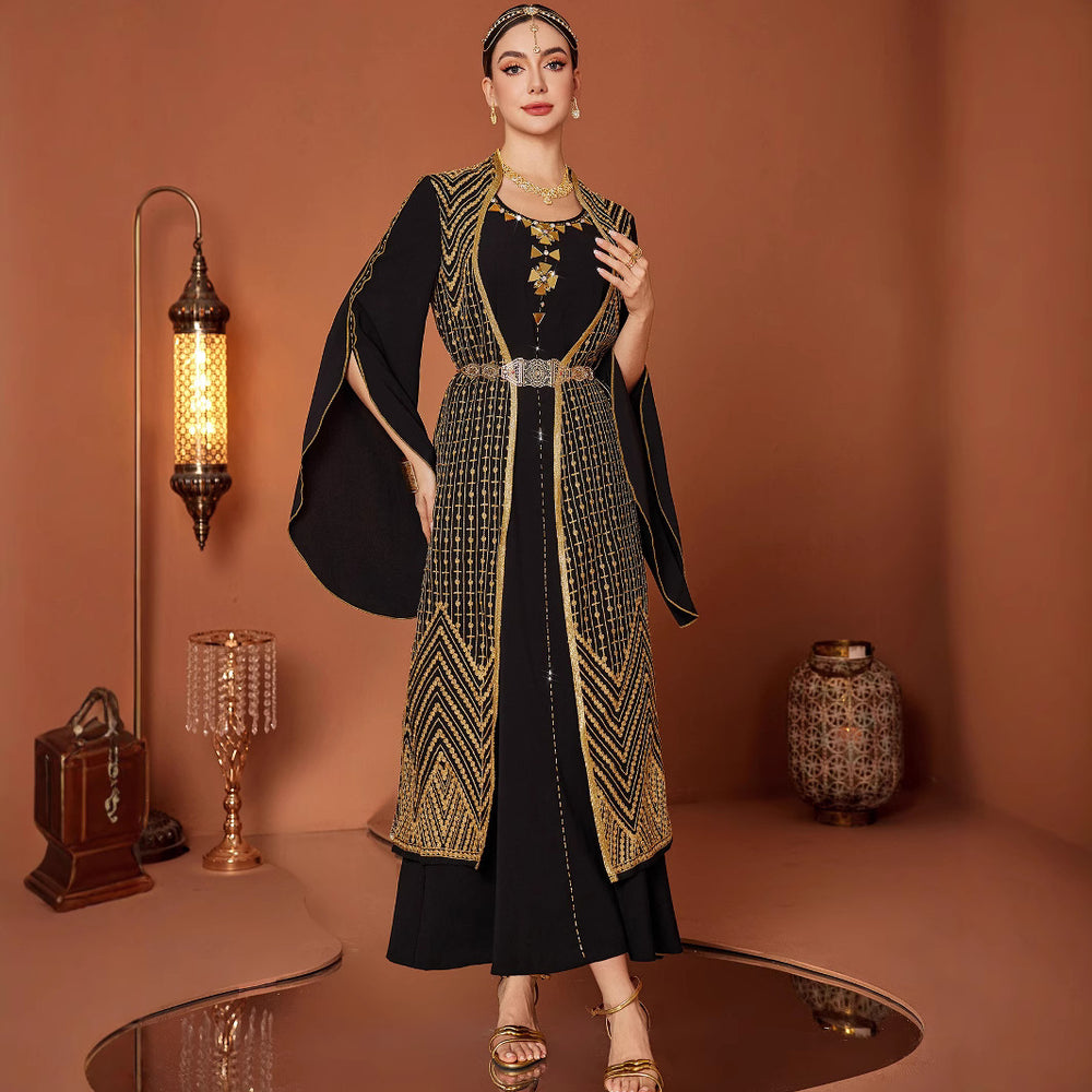 Arabic Vintage Gold Embroidered Black Fake Two Pieces Robe - EX-STOCK Canada