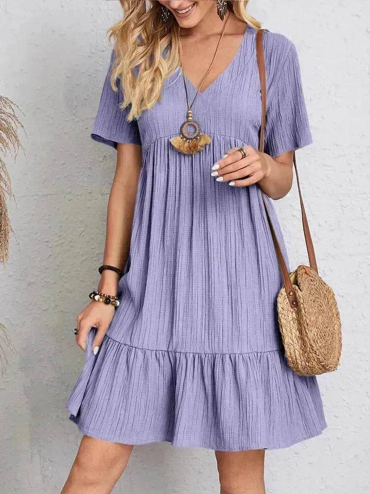 Summer Beach V-neck Dresses Women's Loose Casual Short-sleeved Loose Skater Dress for Chic Ladies - EX-STOCK Canada