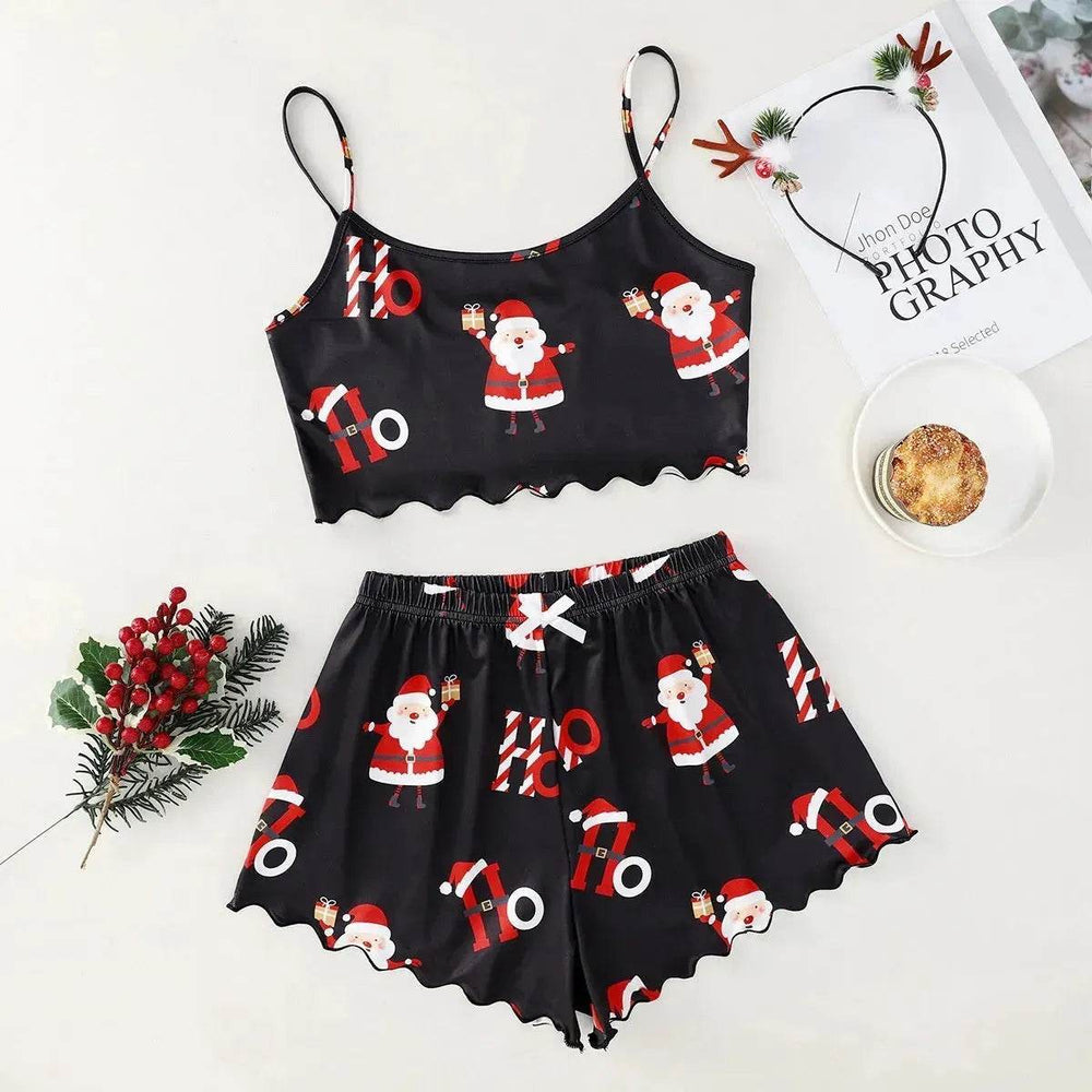 Christmas European And American Thin Pajamas Women's Sleeveless Shorts Milk Silk Simple Casual Two-piece Suit Homewear - EX-STOCK Canada