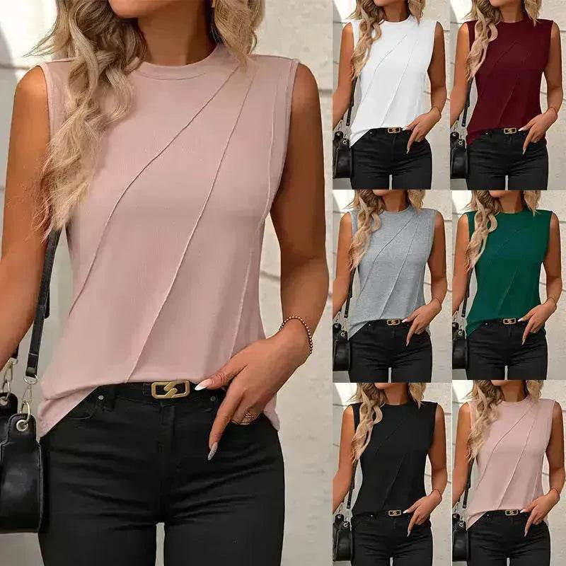 Summer Women's Solid Color Round Neck Sleeveless Loose Tops for Women suitable for Work business Events Ladies Evening Tops. - EX-STOCK Canada
