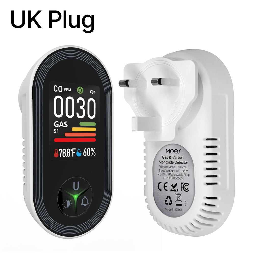 Gas detector with digital display and UK plug adapter on a white background