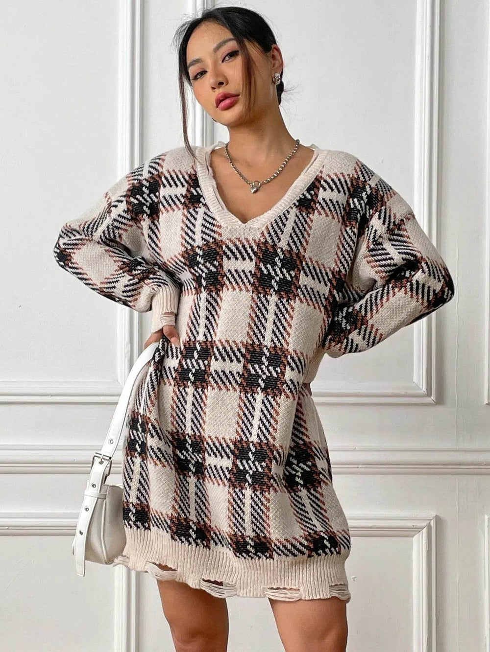 Deer Plush V-neck Long Sleeve Plaid Winter Jumper Mini dress - EX-STOCK Canada