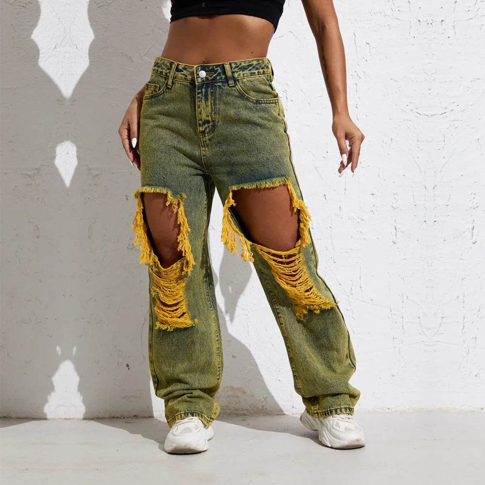 Shascullfites Melody Yellow Wash Streetwear Split Loose Straight Ripped Baggy Jeans Y2K Retro Women Denim Pants - EX-STOCK Canada