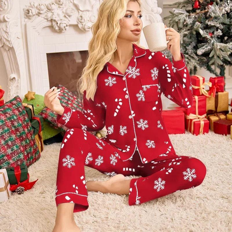 Holiday Pajamas Women's Lapel Cardigan Long Sleeve Pants Suit Women's EX-STOCK Canada