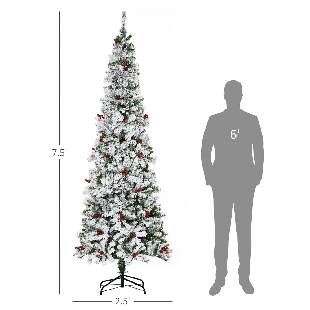 7.5 Foot Pencil Snow Flocked Artificial Christmas Tree With 950 Pine Realistic Branches, Pine Cones, Red Berries, Auto Open, Green EX-STOCK Canada