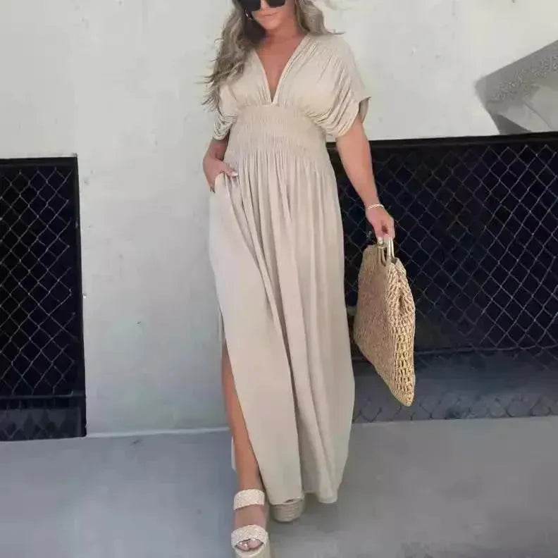 Fashion Bat-sleeved V-neck Slit Dress Summer Beach Short Sleeve Elastic Waist Split Long Dresses Womens Clothing - EX-STOCK Canada