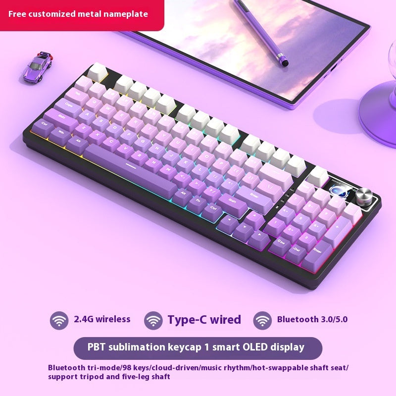 Mechanical keyboard with RGB lighting on a light purple background