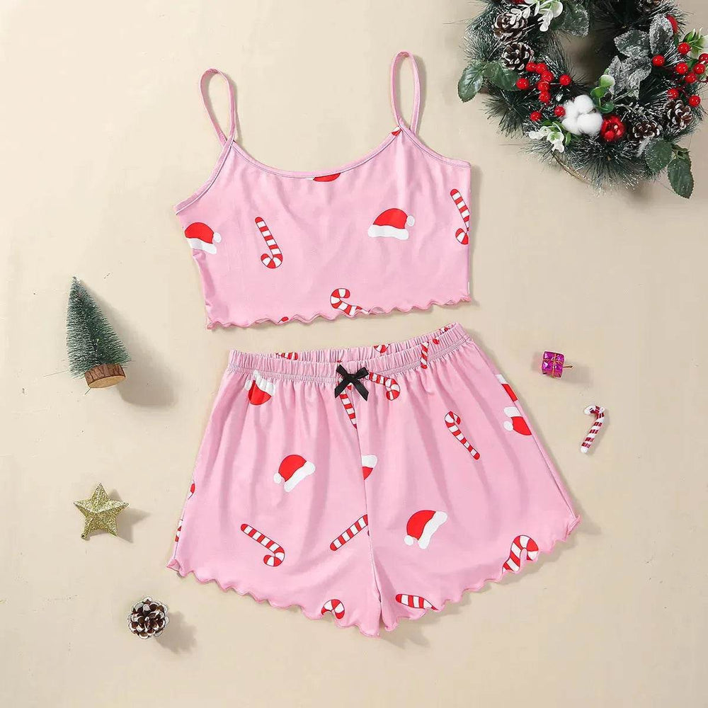 Christmas European And American Thin Pajamas Women's Sleeveless Shorts Milk Silk Simple Casual Two-piece Suit Homewear - EX-STOCK Canada