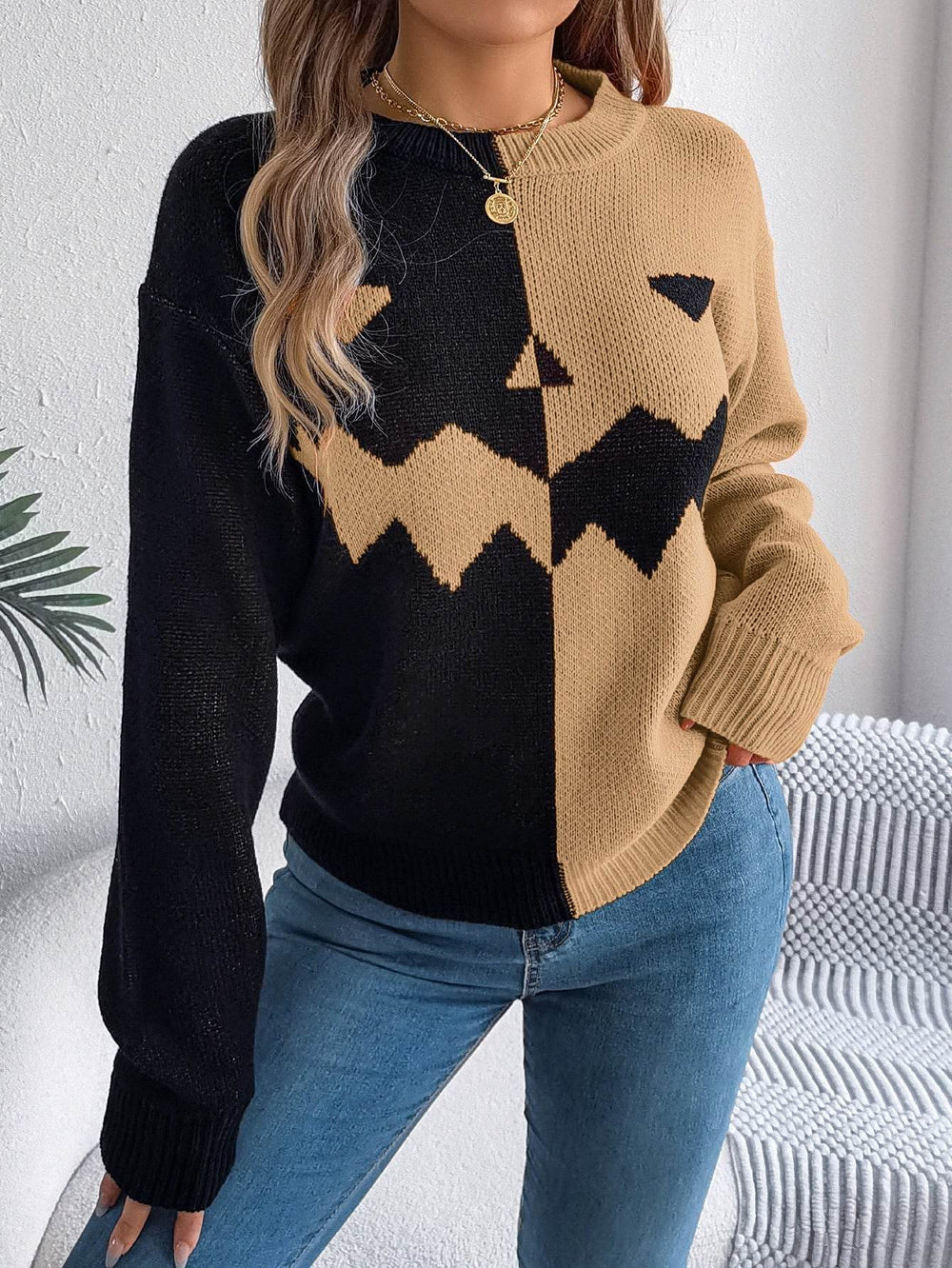 Fall And Winter Halloween Spooky Pumpkin Contrast Long Sleeve Pullover Sweater Women's Clothing - EX-STOCK Canada