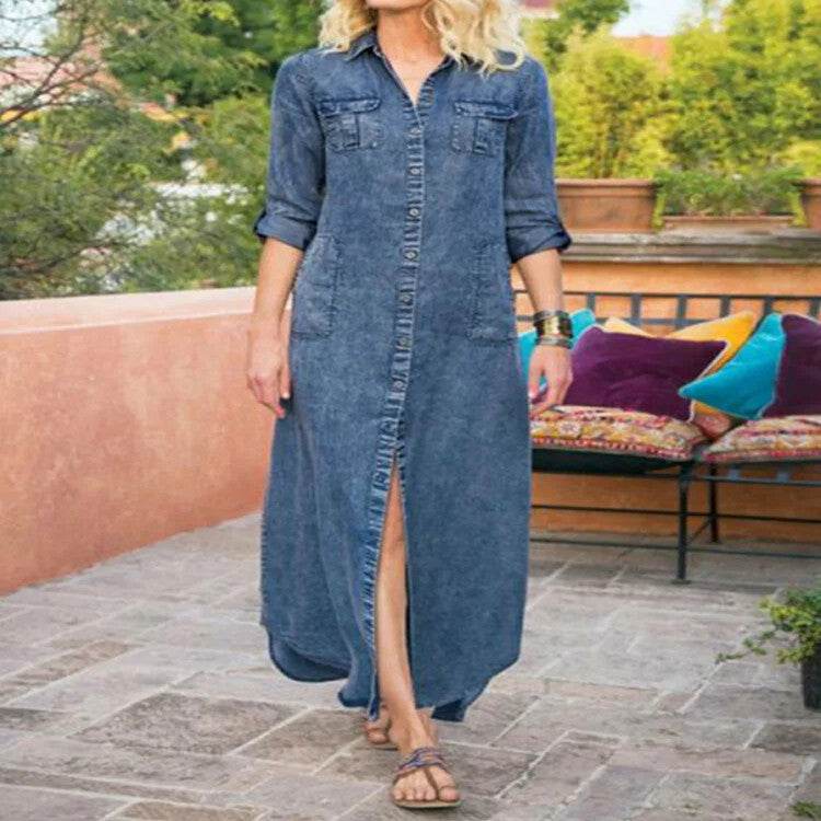 Summer New Women's Loose Solid Color Casual Single-breasted Denim Dress - EX-STOCK Canada
