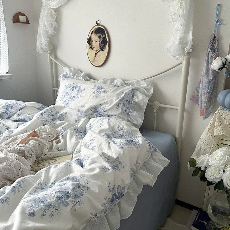 Princess Style Ruffled Pure Cotton French Floral Minimalist Bed Sheet Duvet Cover Bedding EX-STOCK Canada
