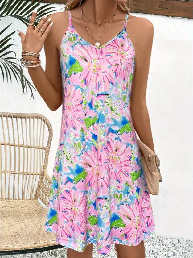 Floral Print Spaghetti Strap Dress, Elegant V Neck Sleeveless summer mini dress - EX-STOCK Canada