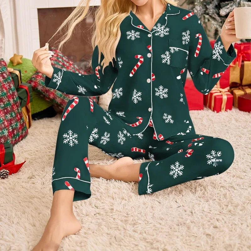 Holiday Pajamas Women's Lapel Cardigan Long Sleeve Pants Suit Women's EX-STOCK Canada