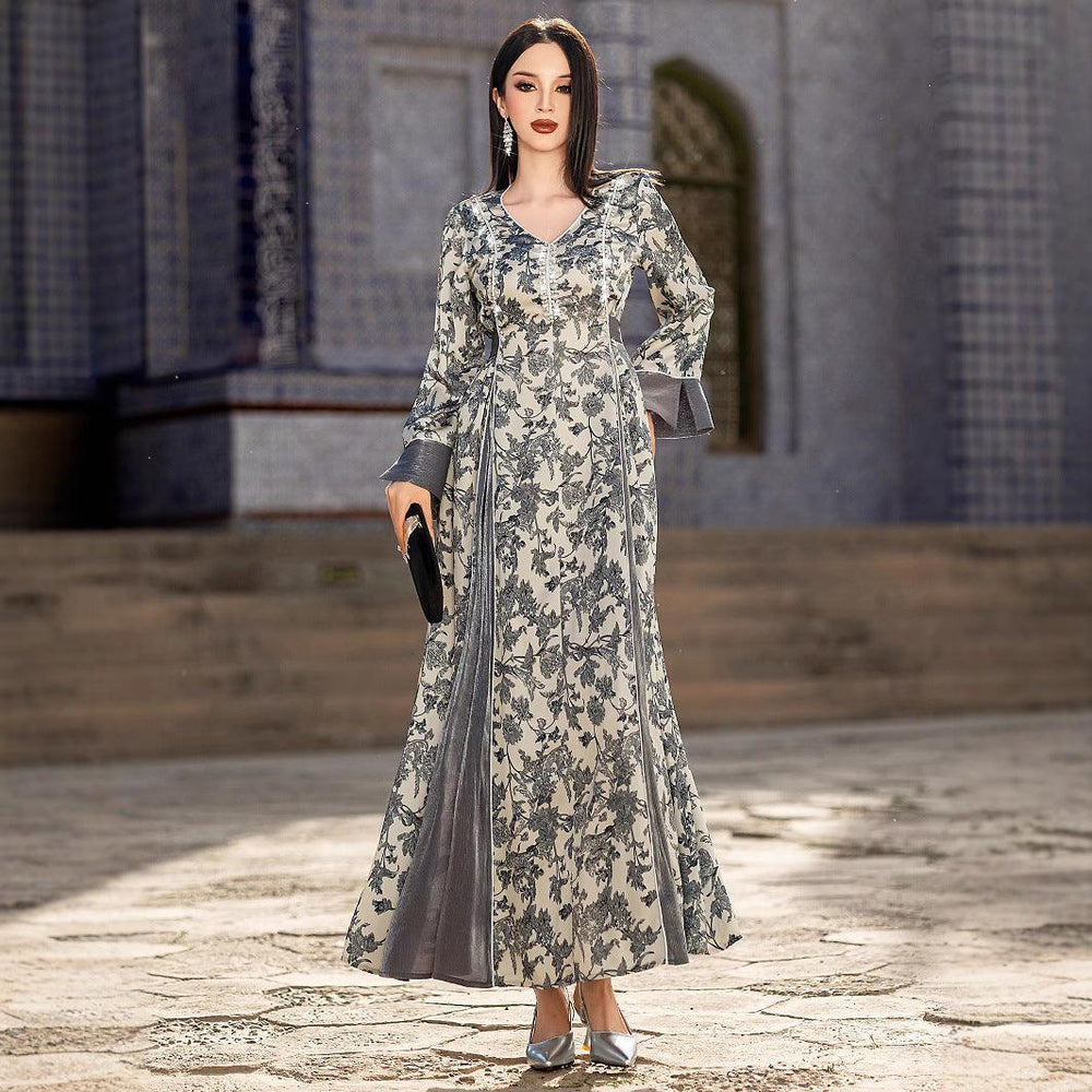 V-neck Satin Printed Muslim Dress - EX-STOCK Canada