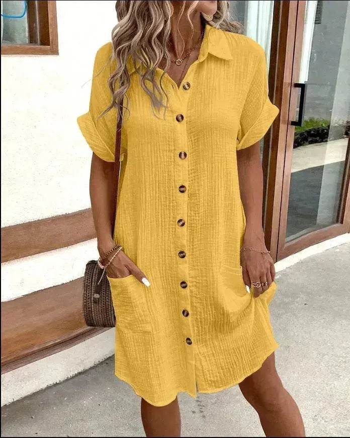 Womens Button Down Shirt Dress Summer Cotton Linen Dress V-Neck Mini Dress Casual Short Sleeve Loose Tunic Dresses - EX-STOCK Canada
