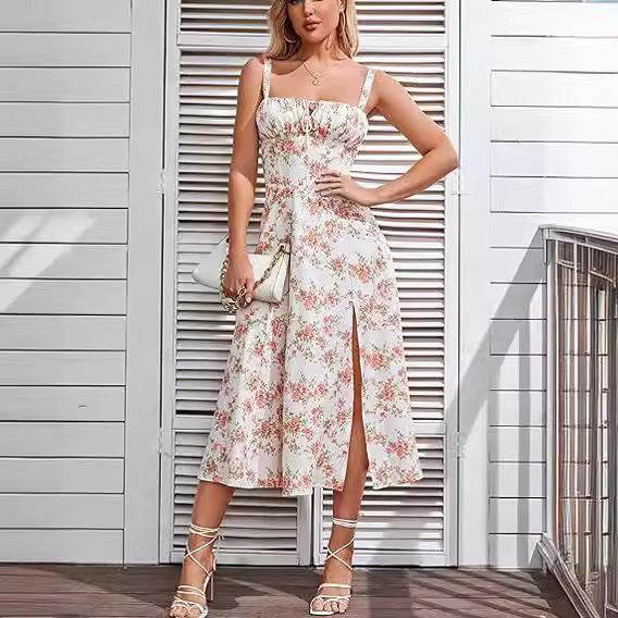 Spring Summer Sleeveless Floral Bohemian Corset flow Slit Midi Dress - EX-STOCK Canada