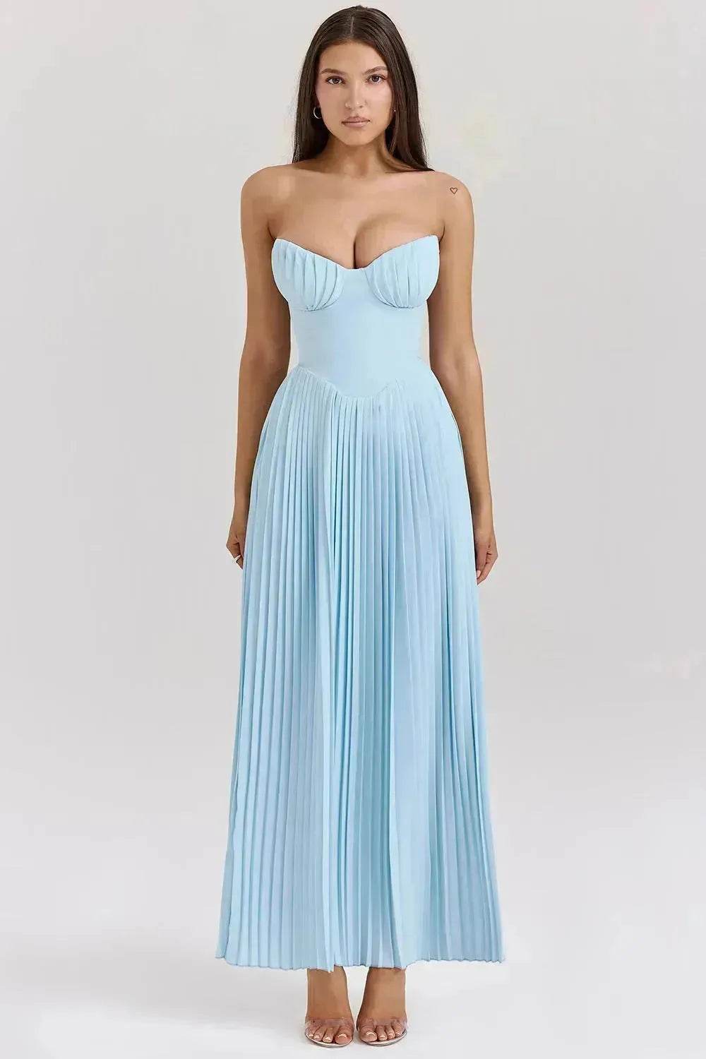 Luxury Blue Strapless Slimming Pleated Long Dress Elegant Tube Dress for Wedding Cocktail Evening Party Events. - EX-STOCK Canada