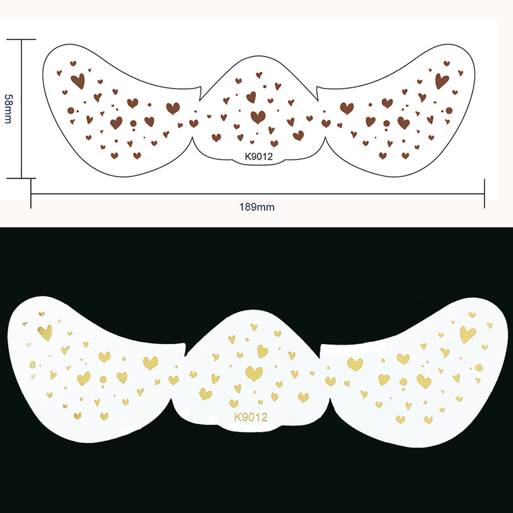 Mustache-shaped stickers with heart patterns and measurements on a white background