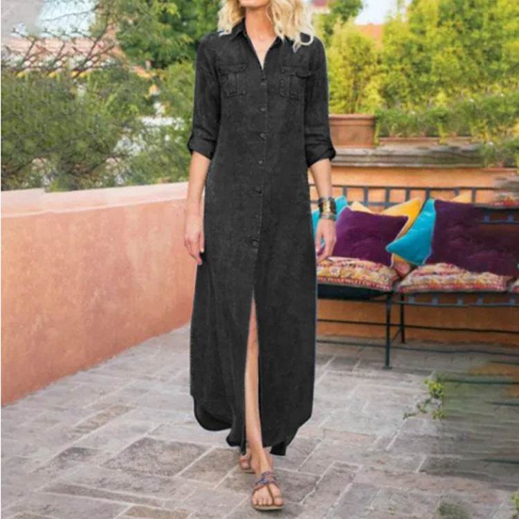 Summer New Women's Loose Solid Color Casual Single-breasted Denim Dress - EX-STOCK Canada