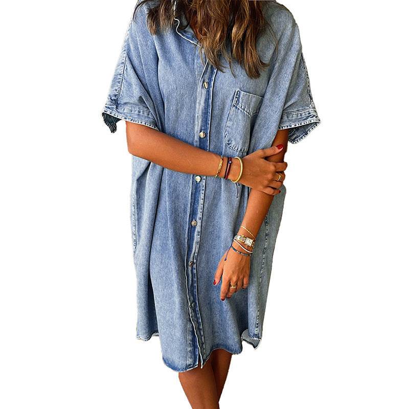 Women's Solid Color Single Row Multi-buckle loose Dress Short Sleeve Denim - EX-STOCK Canada