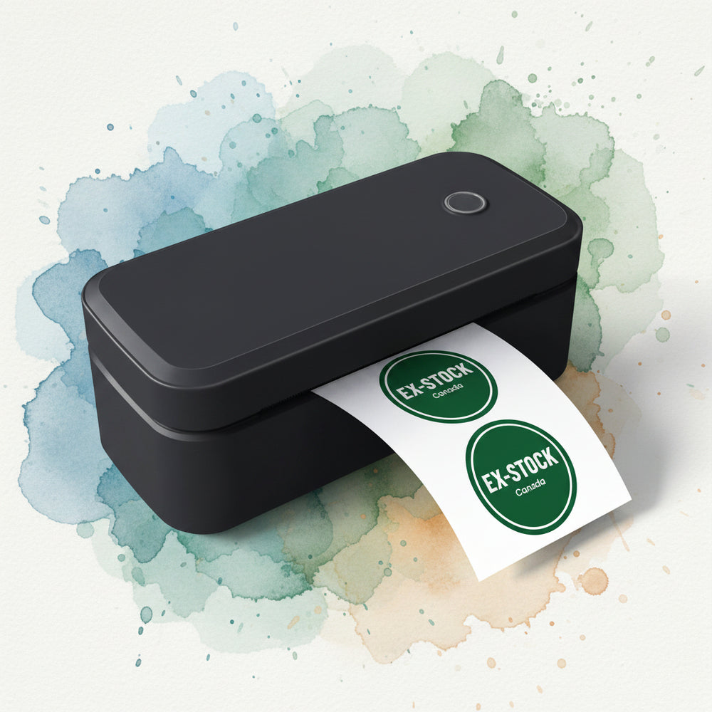 Une imprimante rectangulaire noire ou imprimante d'étiquettes avec une bande de papier blanche sortant, imprimée avec deux autocollants circulaires verts lisant «EX-STOCK Canada». L'appareil est centré sur une tache aquarelle douce sur un fond clair.