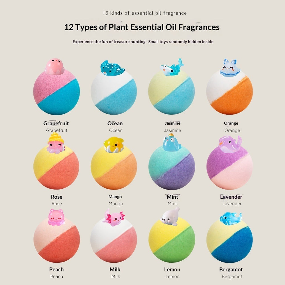 Colorful bath bombs with animal toys on a beige background, labeled with 12 types of plant essential oil fragrances.