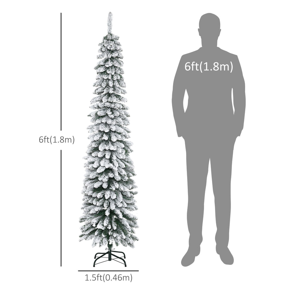 6 Ft Snow-Flocked Artificial Christmas Tree, Slim Pencil Xmas Tree With Realistic Branches, Metal Base, Green EX-STOCK Canada