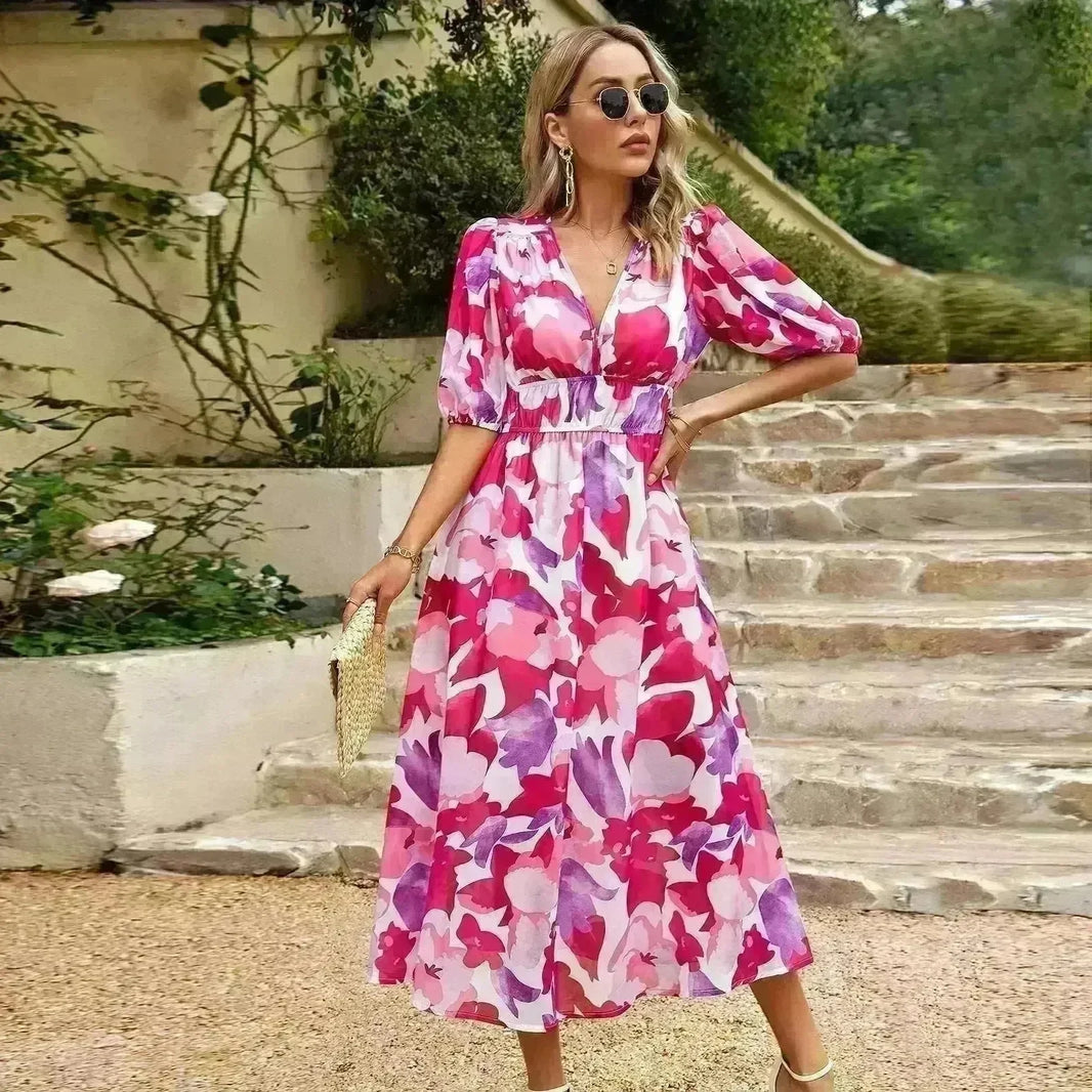 Summer Chiffon Floral Printed Temperament Waist-controlled V-neck Casual Midi Dress - EX-STOCK CANADA