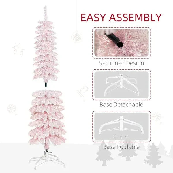 5ft Snow-Flocked Artificial Christmas Tree, Slim Pencil Xmas Tree With 301 Realistic Branches, Metal Base, EX-STOCK Canada