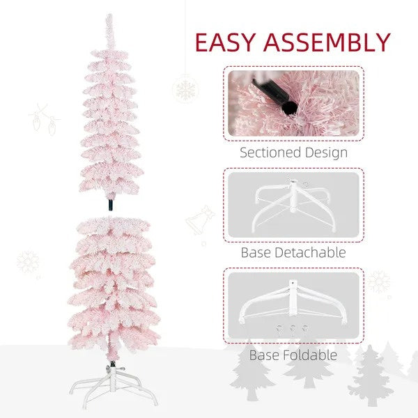 5ft Snow-Flocked Artificial Christmas Tree, Slim Pencil Xmas Tree With 301 Realistic Branches, Metal Base, EX-STOCK Canada