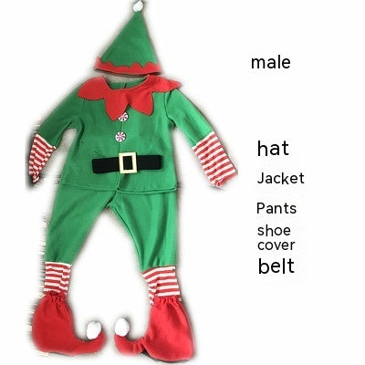 Green elf costume with red accents on a white background