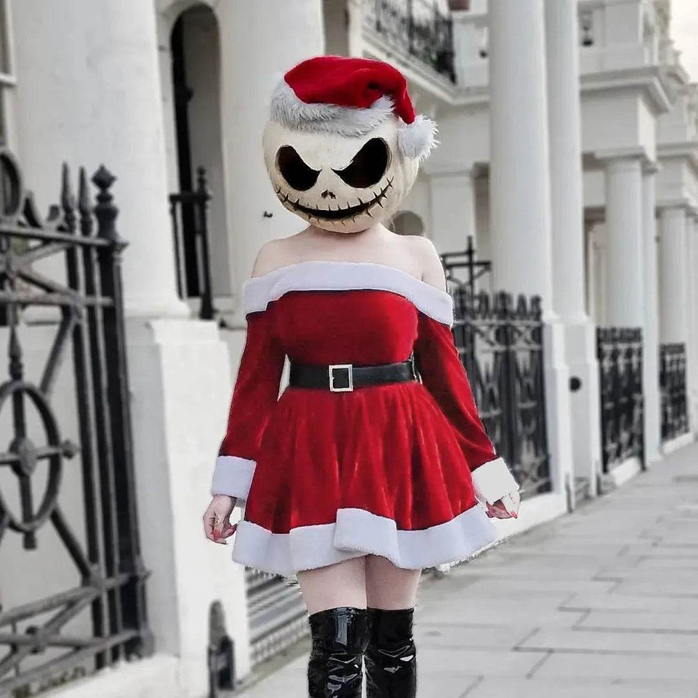 Women's Christmas Costume Santa Dress Plush Trim Boat-Neck Off-Shoulder Sleeve Dress New Year Party Cosplay Costume - EX-STOCK Canada
