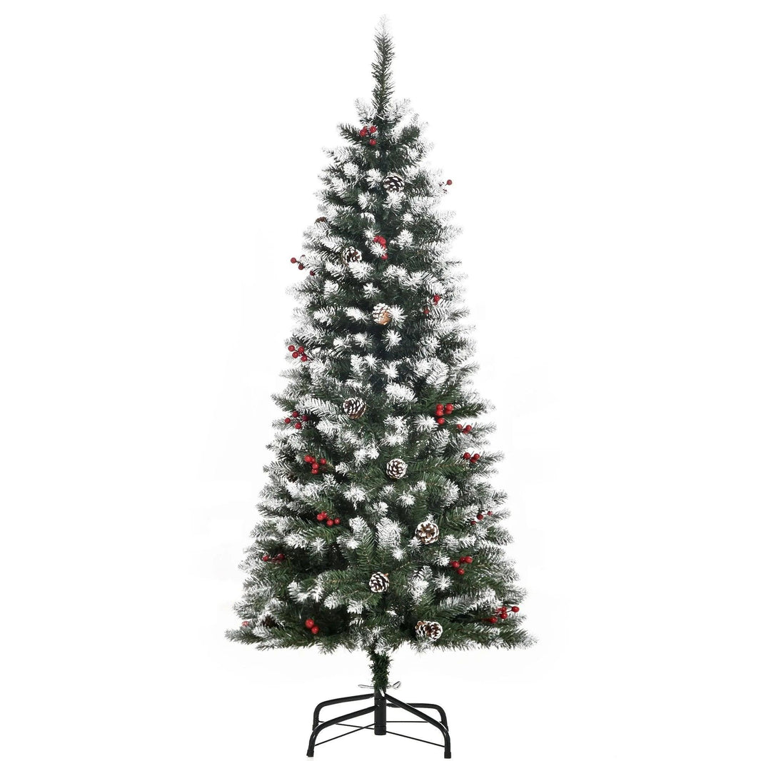 5ft Decorated Christmas Tree With Red Berries And Pine Cones, Flocked Christmas Tree With Pencil Shape, Green EX-STOCK Canada