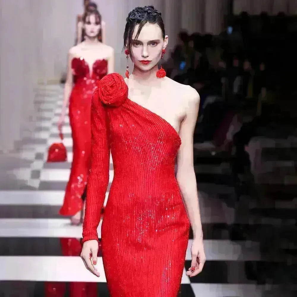 Elegant High-end Dress Rose Red Sequined Evening Dress Female New Year Battle Gown Host - EX-STOCK CANADA